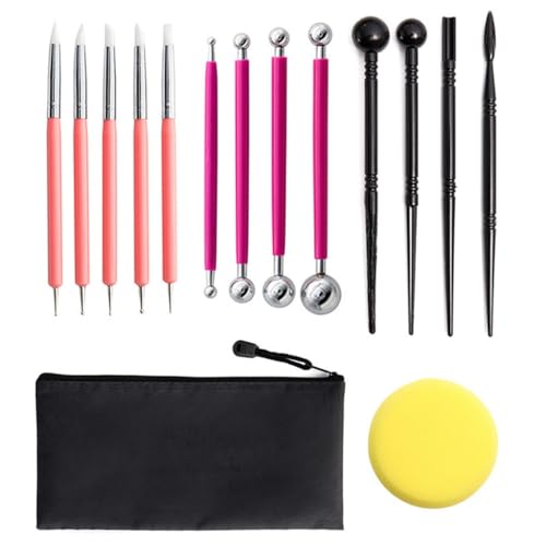 QVEZPRYX Clay Tools 15-piece Set Silicone Point Drill Pen Bead Ball Stick Sponge Fondant Carving