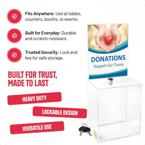 Extra Large Suggestion and Donation Box, Size 16" x 8" x 6" Clear Donation Box for Fundraising with Lock & Display Sign Holder, Raffle Ticket Box, Tip Box, Secure Ballot Box with Slot(2 Pack)