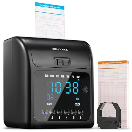 Volcora Time Clock for Employees with 50 Time Cards, 1 Ink Ribbon, Punch Time Clocks Machine for Small Business with Backup Battery, No Key and Network Need, Time Card Machine for Office, Retail