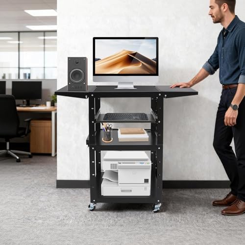 3-Tier Computer Cart on Wheels Computer Tower Stand Heavy Duty Rolling Work Station Utility Rolling Cart for Electronic Devices Tools, Height Adjustable, Holds Up to 300 lbs