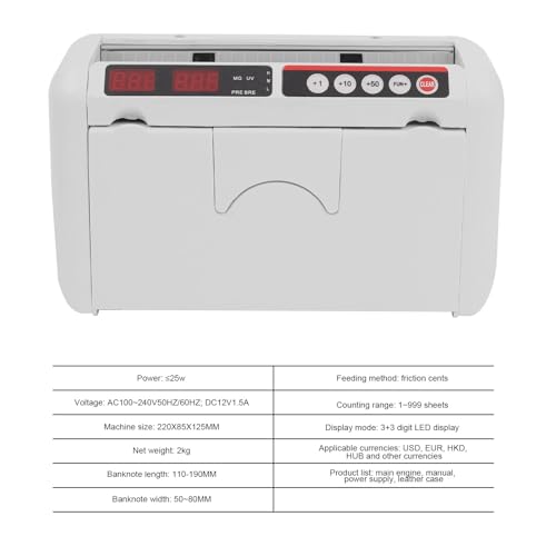 Cash Counter, Bill Counter Machine Portable Rechargeable Money Counting Machine with U-V & MG Counterfeit Detection, 800pcs/min Counting Speed for Multi-Currency or Tickets