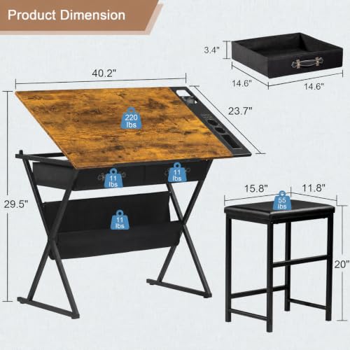 Magicdo Art Desk with Stool and Storage 40.2-Inch Adjustable Drafting Table 0–65° Tilting Wood Top 2 Fabric Drawers Lower Shelf and Side Organizer for Drawing Painting and Crafts Rustic Brown