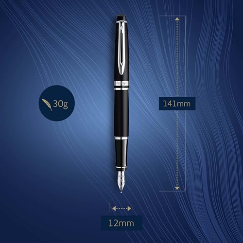 Waterman Expert Fountain Pen, Matte Black with Chrome Trim, Medium Nib with Blue Ink Cartridge, Gift Box