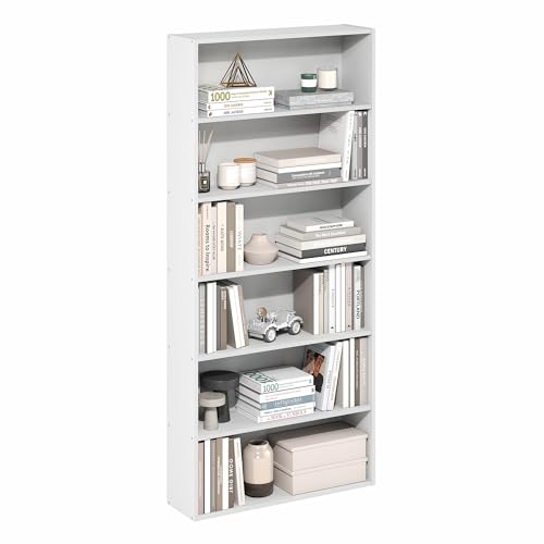 Furinno Basic Book Shelf, 6-Tier Bookcase with Open Shelf, Bookshelf, Cube Storage Organizer, 7 x 24 x 53, for Living Room, Bedroom, Home Office, White