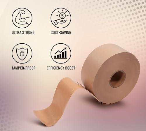 Mytee Products 16 Rolls 2.75"x450' Water Activated Tape - Reinforced Gummed Tape for Package - Strong Adhesive & Holding Power Kraft Paper Tape - Brown Packing Tape for Sealing Box (7200 feet Total)
