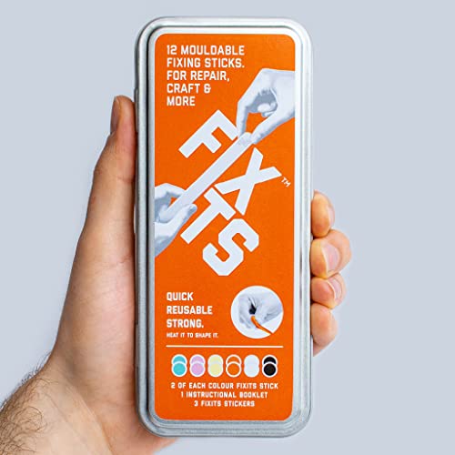 Fixits Gift Tin with 12 x 10g Reusable Mouldable Eco Glue Stick Alternative, Booklet & 3 x FixIts Stickers - Unusual Gift Idea, Student Essentials for University, House Warming Gift
