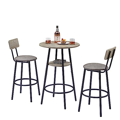 AMNOOL Round Bar Stool Set with Shelf with Backrest and Synthetic Leather Upholstered Stool, Bar Table and Chair Set with Ring Footrest Metal Frame Suitable for Home, Balcony, Office (Grey)