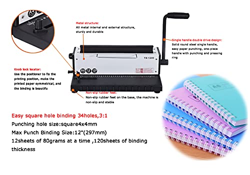 INTBUYING All Steel Metal Base Wire Coil Binding Machine 34Holes 3:1 Square Punching-Binding Machine Binding Iron Ring Machine 120 Sheets Binding Capacity#TD1200 Machine a Cahier Spirale