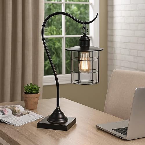 Benjara 25" Metal Downbridge Design Desk Lamp with Caged Shade- Dark Bronze