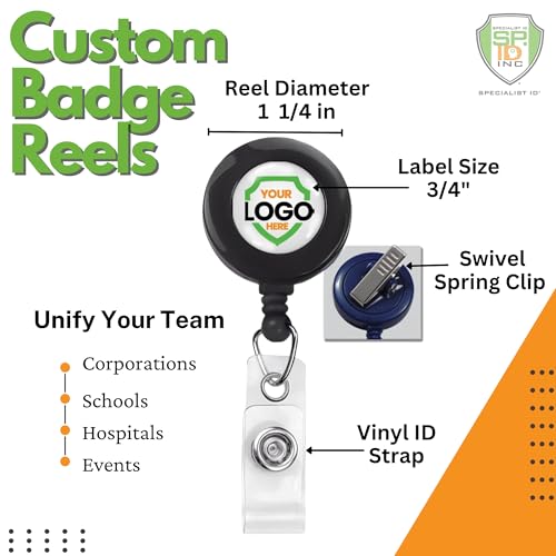 Bulk 100 Pack - Custom Badge Reels with Alligator Clip - Premium Customized Dome Label Retractable I'd Holder for Medical/Hospital Staff, Company Logo, Office and More by Specialist ID (Black)