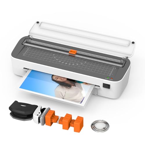 A4 Laminator,Hot/Cold Lamination,ABS Stop,with Paper Cutter/Corner Rounder/Perforator/Binding Ring/Laminating Film,for Recipe Cards,Photo and Document Protection,Etc.,White