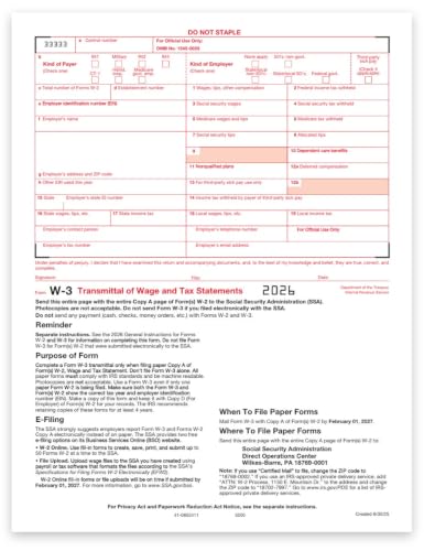 W2 Forms 2026 Tax Forms, 6 Part Laser Income Set and W-3 Transmittal - Pack for 50 Employees, Legal W2 Forms Pack Great for QuickBooks and Accounting Software
