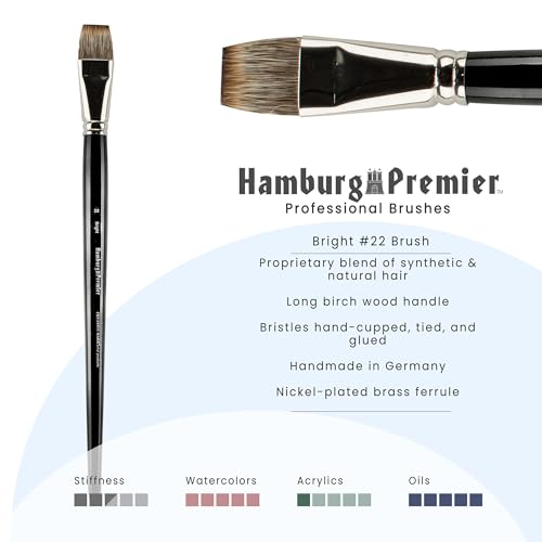 Creative Mark Hamburg Premiere Professional Oil Painting Brushes - Bright #22 Oil Paint Brush - Handmade in Germany, Natural & Synthetic Hair Blend, Long Triple-Lacquered Birch Handle