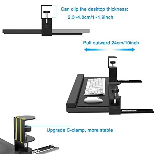 Ergonomic Keyboard Tray, Clamp-on Under Desk Computer Keyboard Drawer, Adjustable Keyboard Platform Extender, C-clamp Mount System, Easy to Type, Black