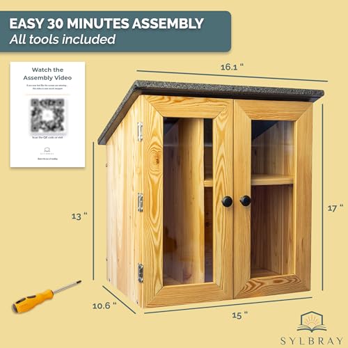 Sylbray Little Library Box Outdoor with LED Lights, Larch Wood, Waterproof
