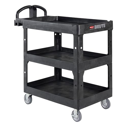 Rubbermaid Commercial Brute 3-Shelf Heavy-Duty Utility/Service Cart, Medium, High Storage, Lipped Shelves, Ergonomic Handle, 600 lb. Capacity, Ideal for Warehouse/Garage/Cleaning/Maintenance/Office