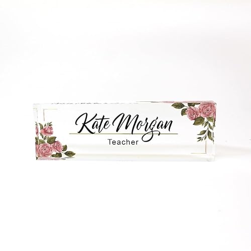 Personalized Teacher Desk Name Plate – Custom Floral Acrylic Name Sign, Printed Clear Glass Block for Office or Classroom, Unique Teacher Gift, Elegant Desk Decor for Women, 8"x2.5"