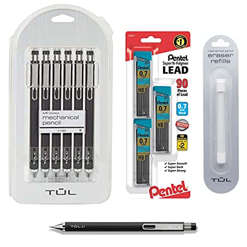 TUL Pencil Value Pack, 0.7mm Tul Mechanical Pencils 6 Pack , TUL Eraser Refill 1 Pack 3 10 Piece Set