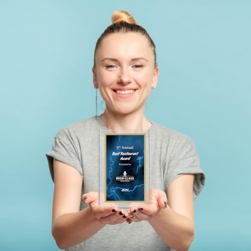 Color Printed Crystal Standing Award with Custom Text and Logo, Acrylic Plaque, Blue Red Black Green Marble Design, 6x8 or 4x6 Inch (Blue, 6 x 4")