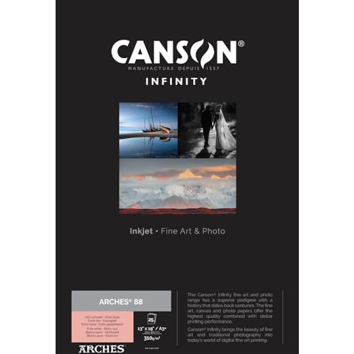 Canson Infinity Arches 88 Ultra Smooth Pure White Matte Inkjet Paper, 310gsm, 13" x 19", 25 Sheets