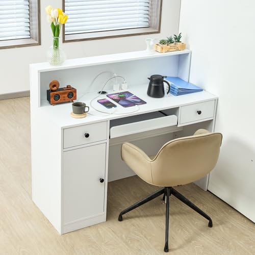 VEVOR Reception Desk, 47 Inch Rectangular Front Counter Table, Office Reception Desk with LED Light, 2 Drawers and Power Outlets, for Checkout, Lobby, Beauty Salon and Office, White