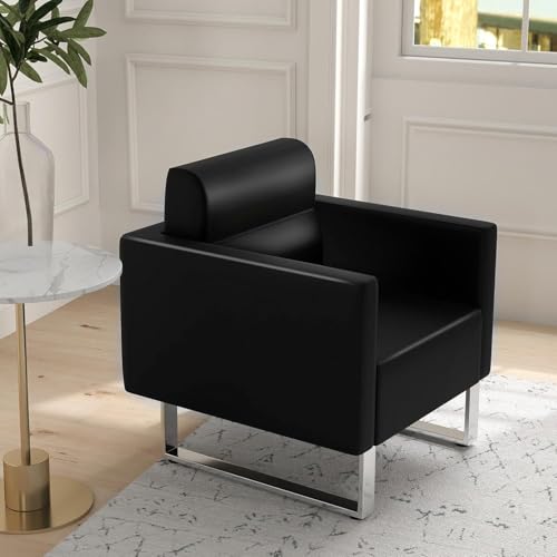 LUCKYERMORE Waiting Room Chairs Office Guest Reception Chair Black Faux Leather Accent Chairs Lobby Chairs W/Arm Sofa Barrel Salon Club Chair Heavy Duty Hold Up to 400LBS