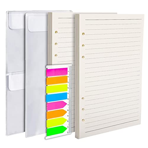 2 Pack A5 Refill Paper 2 Pcs A5 Binder Pockets 1 Pack Index Tabs with Ruler A5 Refillable Paper for 6-Ring Binder Notebooks