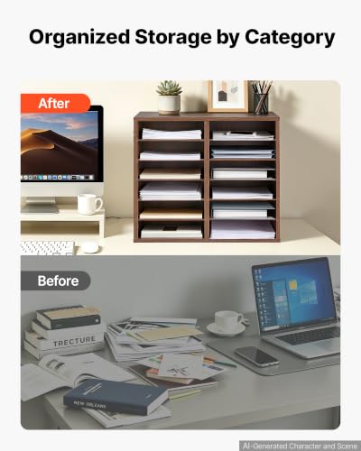 VEVOR Wood Literature Organizer 12 Compartments Office Mailboxes Brown | Countertop Literature Sorter for Files Documents Papers, with Adjustable Shelves, for Office, Home, Classroom Organization