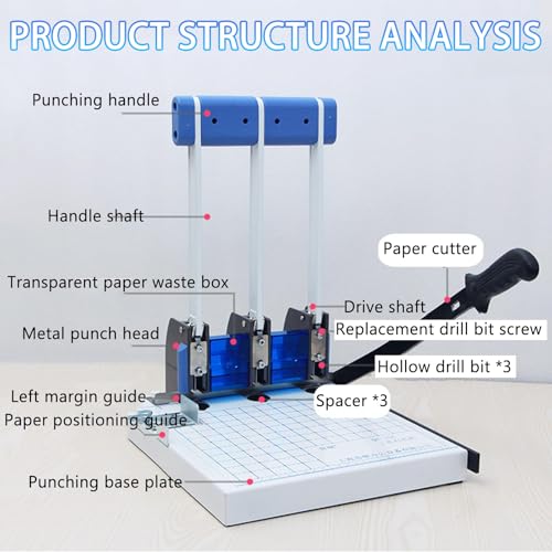Tiuheyo 3 Hole Heavy Duty Paper Punch with A4 Trimmer, Metal Body, 150 Sheet Capacity, 8-15mm Adjustable Margin, 5mm Punch Diameter