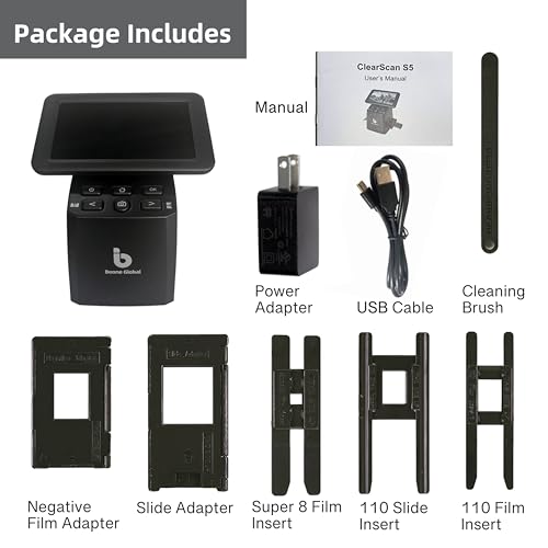 BEONEGLOBAL ClearScan S5 Film Scanner High-Resolution Film&Slide Scanner with 5” LCD – Convert 135, 126, 110 Super8 Negatives and Slides to 24MP Digital JPEG Photos Quickly
