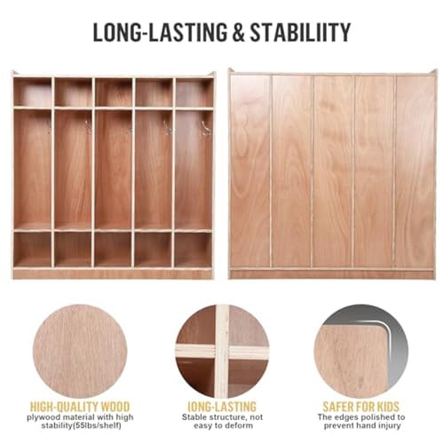 Sturdy and Stylish 5-Section Classroom Coat Locker with Glazed Finish, 10 Cubbies, 5 Hooks, 2 Storage Boxes - Ample Storage Space, Easy to Clean, Assembly Required - Ideal for Home, School,