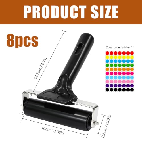 Kauityeu 8 Pack Black Rubber Brayer Rollers,Non-Slip Ergonomic Handle & Stainless Steel Core for Printmaking,Painting, Craft,Gluing & Rubber Stamping