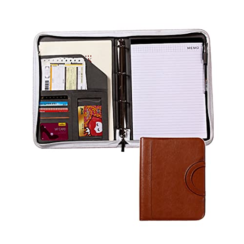 BLUNOA Padfolio Business Portfolio A4 PU Leather Zipped Conference Folder Personal Work Organiser Travel Ring Binder with Refillable Notepad and Pen Holder for Men Women (Color : Brown)