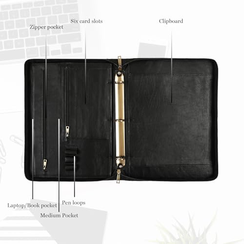 GZRHKJ Genuine Leather Portfolio, 3 Ring Binder Padfolio, 11"×14" Padfolio Organizer, Professional Business Portfolio Binder for Men and Women