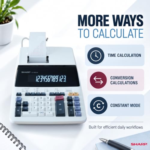 SHARP EL2630LW 12-Digit Commercial Printing Calculator with 4.5 LPS 2-Color Ribbon Printer, Large LED Backlit Display, Cost/Sell/Margin, Tax & Time Calculations, Item Count, AC Powered, White