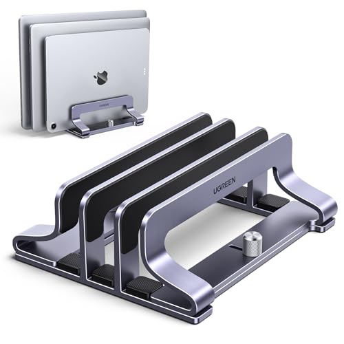 UGREEN 3-Slot Vertical Laptop Stand Holder Desk Compatible with MacBook Pro Air Laptop Stand Desktop Adjustable, Lenovo Ideapad, Surface Book, HP Notebook, Dell Chromebook Up to 17.3 Inch, Space Gray