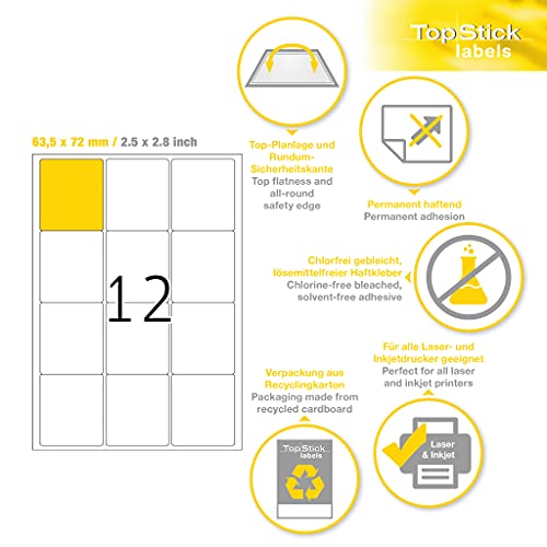 TopStick 8726 Multi-Purpose Labels, 12 Labels Per A4 Sheet, 63.5 x 72 mm, 12000 Labels, Self Adhesive, Stickers for Laser and Inkjet Printers, White