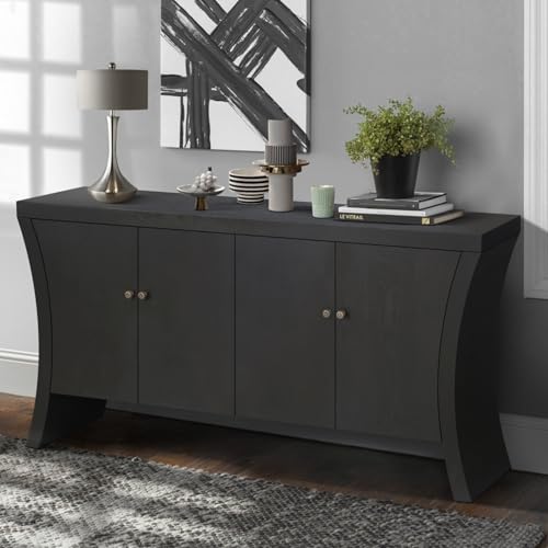 WEALTHKING Industrial Style 4-Door Wooden Credenza with Arc Base & Vintage Clasps - Versatile Storage Cabinet for Living Room, Entryway Console or Home Office Furniture (Black,A)