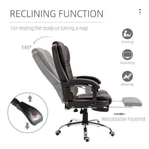 HOMCOM High Back Ergonomic Executive Office Chair, PU Leather Computer Chair with Retractable Footrest, Lumbar Support, Padded Headrest and Armrest, Coffee