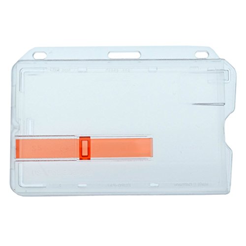 Bulk 100 Pack - Heavy Duty Hard Plastic Horizontal Badge Holder with Red Extractor Slide Out Tab - Easy Access Clear I'D Card Protector Case for Single Standard Credit Card Size Cards by Specialist ID