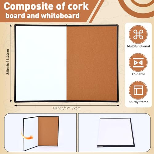 Maitys 48x36 Inch Magnetic Whiteboard and Cork Bulletin Board Combo, Foldable Wall Mounted Half Dry Erase and Cork Combination Board with Black Frame for Office, Classroom, Conference Room