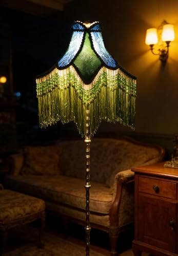 Sofyee Victorian Floor Lamp with Beaded Fringe, Green Fabric Shade, Brass Base, Ornate Vintage Style