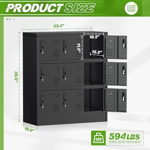 Pataku Lockers for Employees, Black Lockers with Lockable Doors, Sports Locker with 9 Doors, Metal Locker for Office, Storage Locker Cabinet for Bedroom, Gym, School, Home