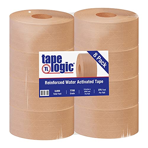 Caja Shipping Tape Logic® #7700 Reinforced Water Activated Tape, 3" x 375', Kraft, 8/Case
