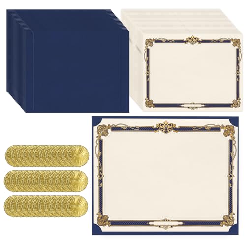 150Pcs Single Sided Award Certificates Kit, 50 Certificate Holders Diploma Covers & 50 Gold Foil Certificate Paper & 50 Seals Stickers for Graduation, Employee Appreciation, Certifications, Blue