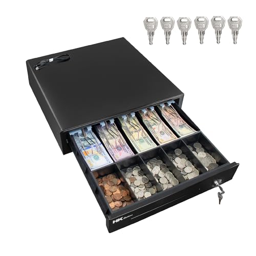 HK SYSTEMS 16inch Heavy Duty POS Cash Drawer with 5Bill/5Coin, Removable Coin Compartment, 24V, RJ11, Single Large Media Slot, Black