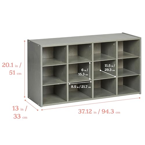 ECR4Kids Streamline 12 Cubby Tray Storage Cabinet, 3x4, Classroom Furniture, Grey Wash