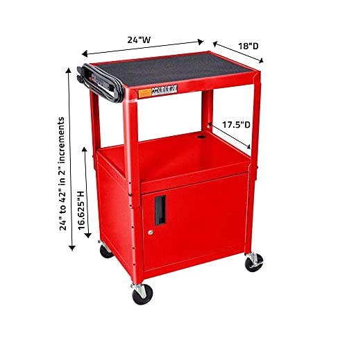 LUXOR AVJ42C-RD Steel AV Cart with Adjustable Height and Storage Cabinet, Multipurpose Utility Cart, 24" to 42" Height, 3 Outlet Electrical Assembly, Red