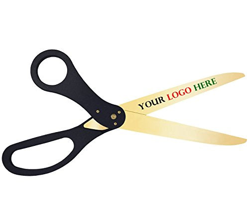 Custom Logo Ribbon Cutting Scissors - 30 Inch Long, Black Handles, Gold Color Blades