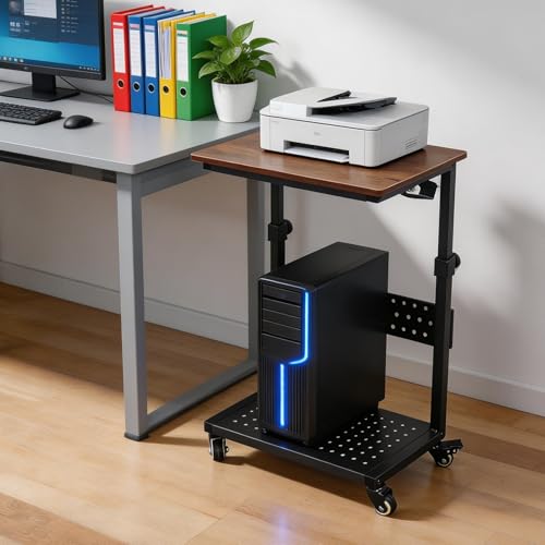 LALFPET Adjustable Height Rolling Computer Stand, 2-Tier Mobile CPU Tower & Printer Cart - Wood Top/Metal Frame - Wheels - Under Desk PC Holder, Brown